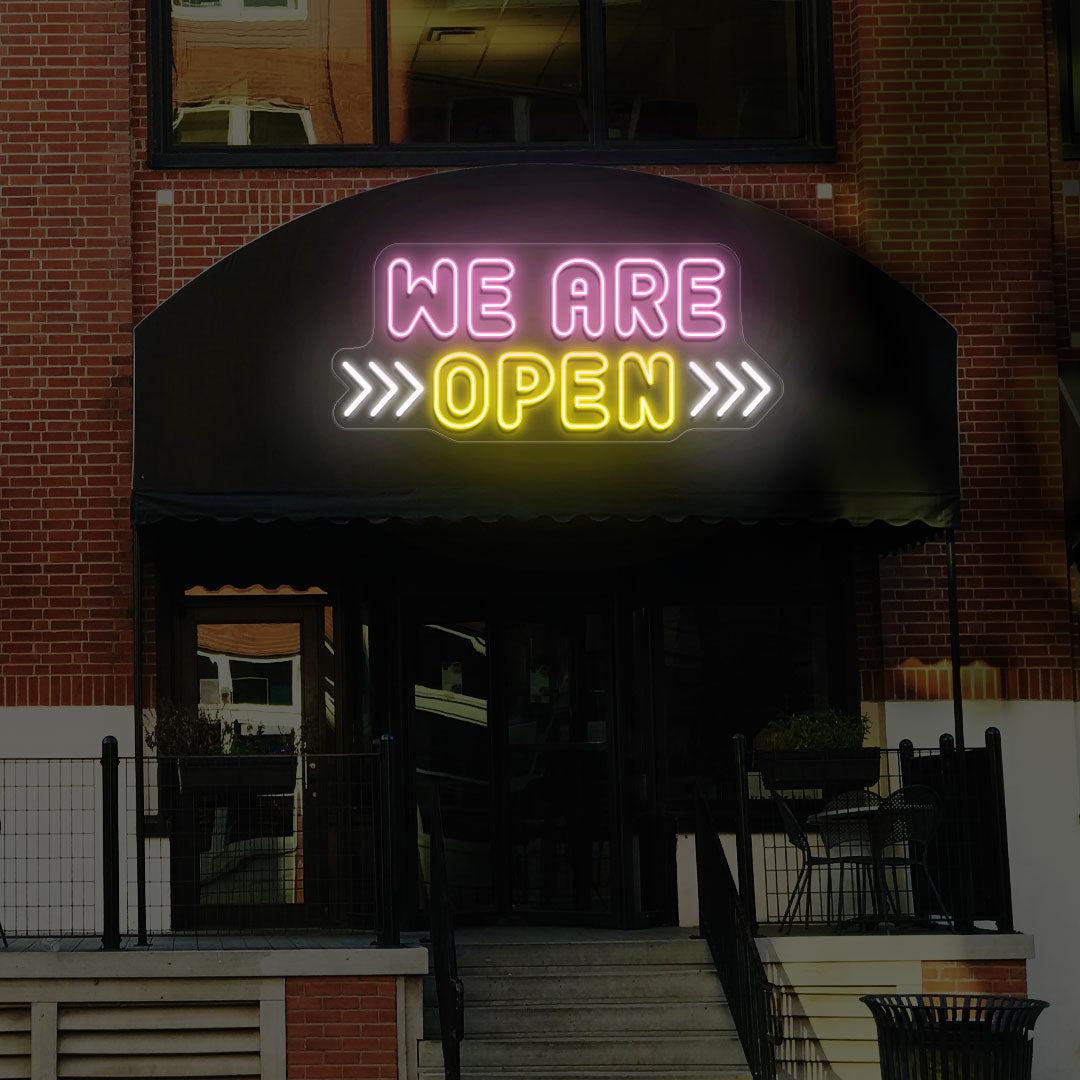 We Are Open Multicolor Sign with Horizontal Arrow image 3