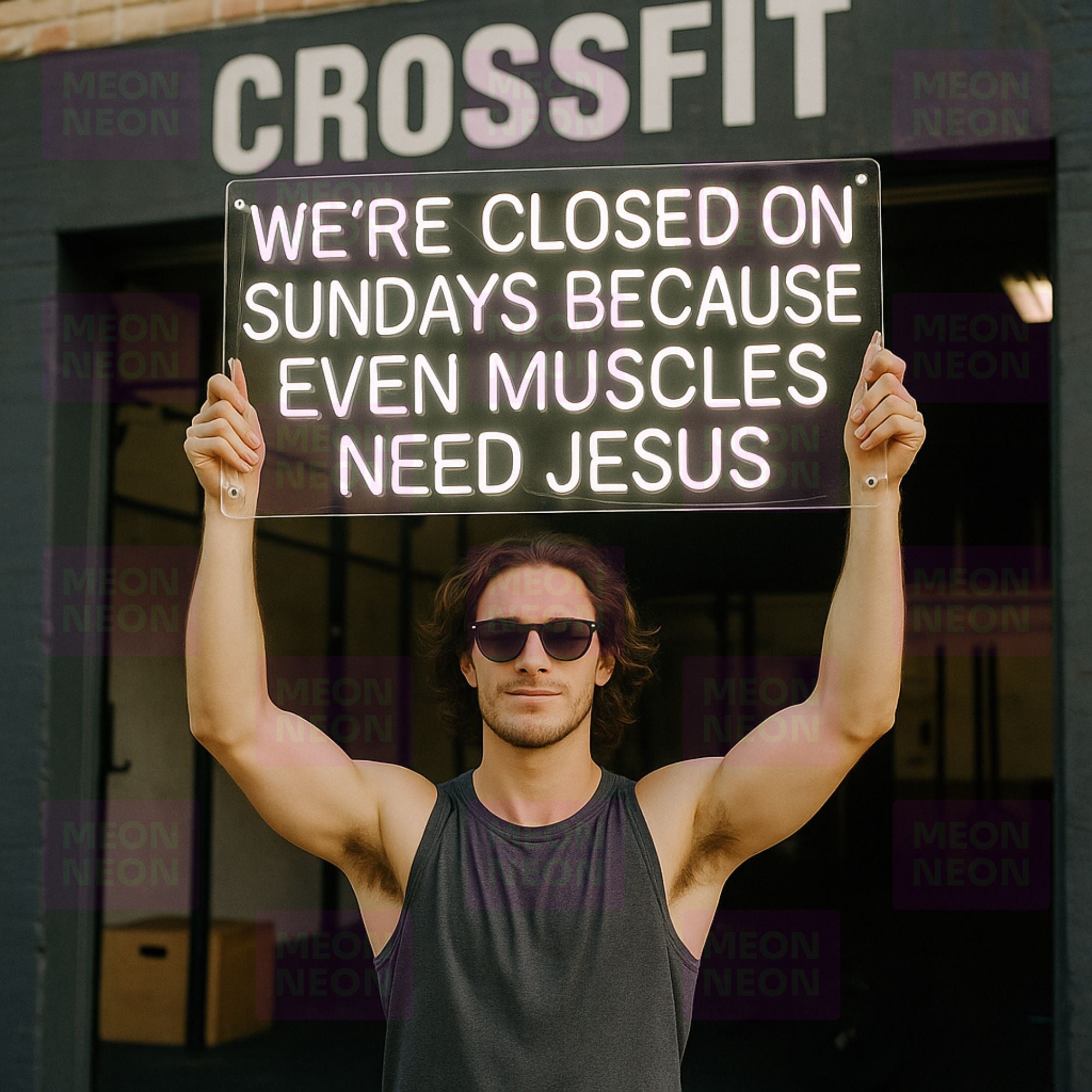 We're Closed On Sundays Because Even Muscles Need Jesus - LED Neon Sign