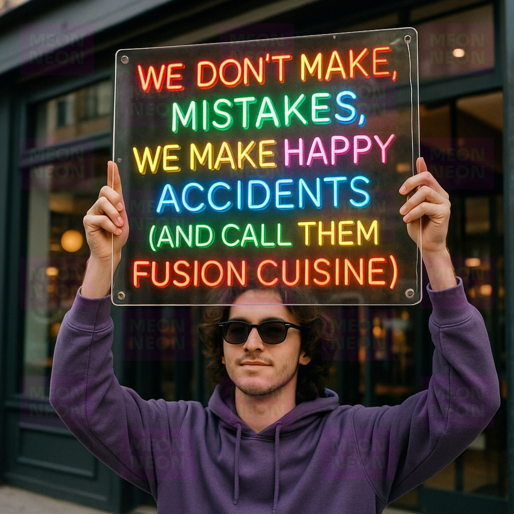 We Don't Make Mistakes, We Make Happy Accidents (And Call Them Fusion Cuisine) - LED Neon Sign