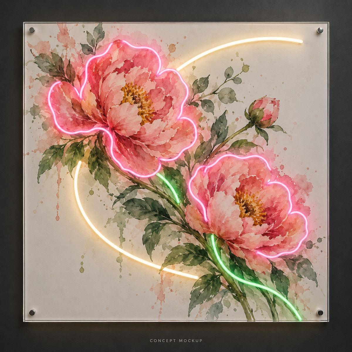 Rainwashed Peonies UV-printed LED neon concept with Pink / Warm White / Green accents