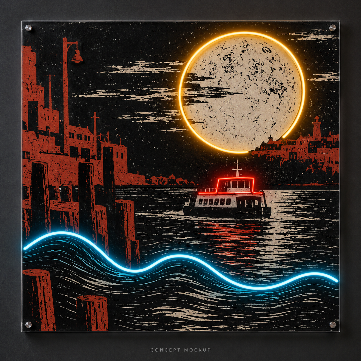 Night Ferry UV-printed LED neon concept with Ice Blue / Amber / Red accents
