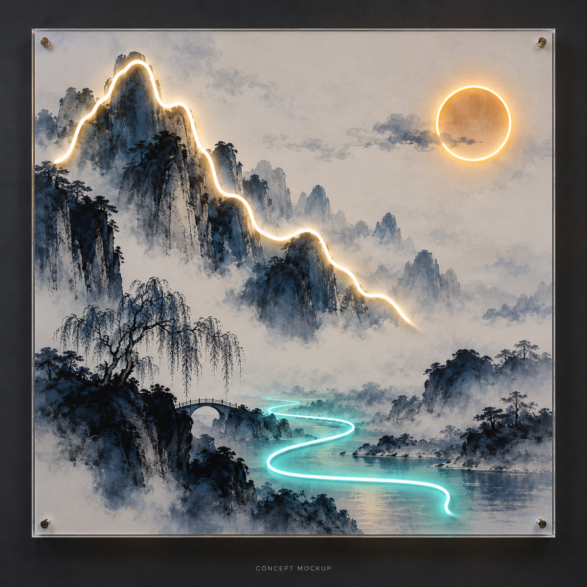 Ink Mountain UV-printed LED neon concept with Warm White / Teal / Amber accents