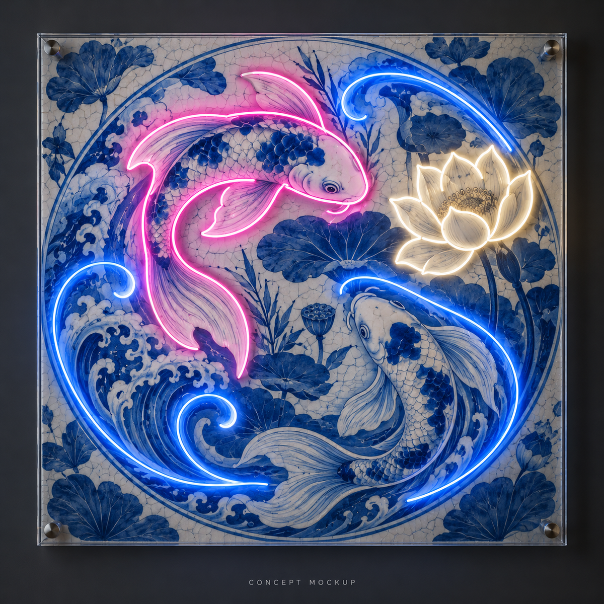Porcelain Koi UV-printed LED neon concept with Blue / Pink / Warm White accents