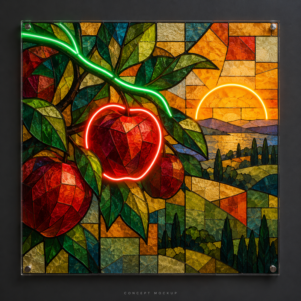 Prism Orchard UV-printed LED neon concept with Red / Green / Amber accents