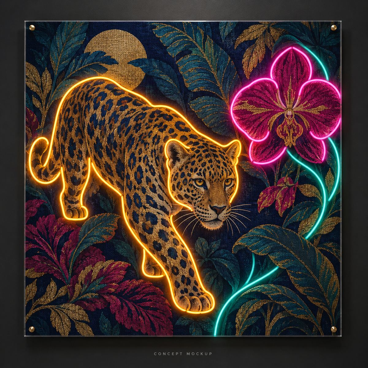 Velvet Jaguar UV-printed LED neon concept with Amber / Pink / Teal accents