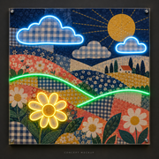 Patchwork Meadow UV-printed LED neon concept with Green / Yellow / Ice Blue accents