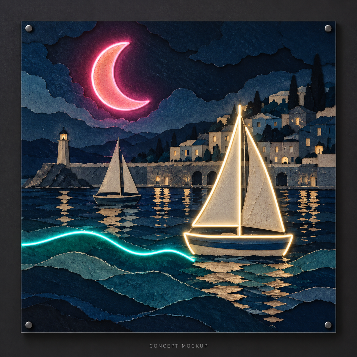 Paper Moon Harbor UV-printed LED neon concept with Pink / Teal / Warm White accents