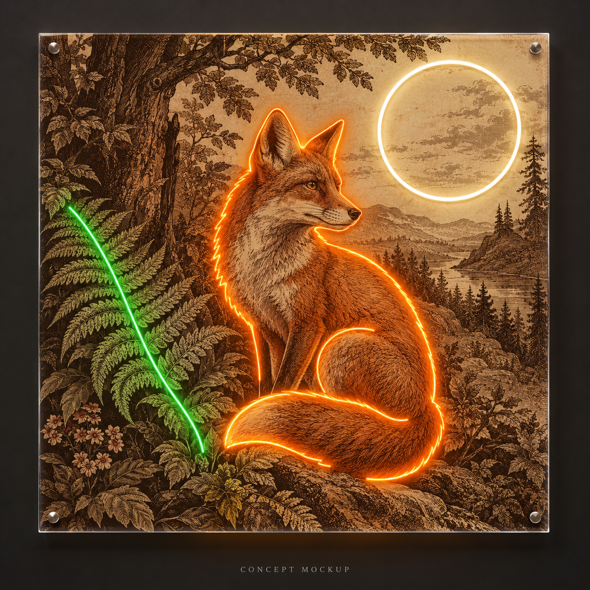Copper Fox Reverie UV-printed LED neon concept with Orange / Green / Warm White accents