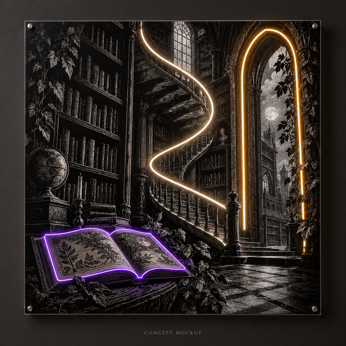 Secret Staircase UV-printed LED neon concept with Warm White / Purple / Amber accents