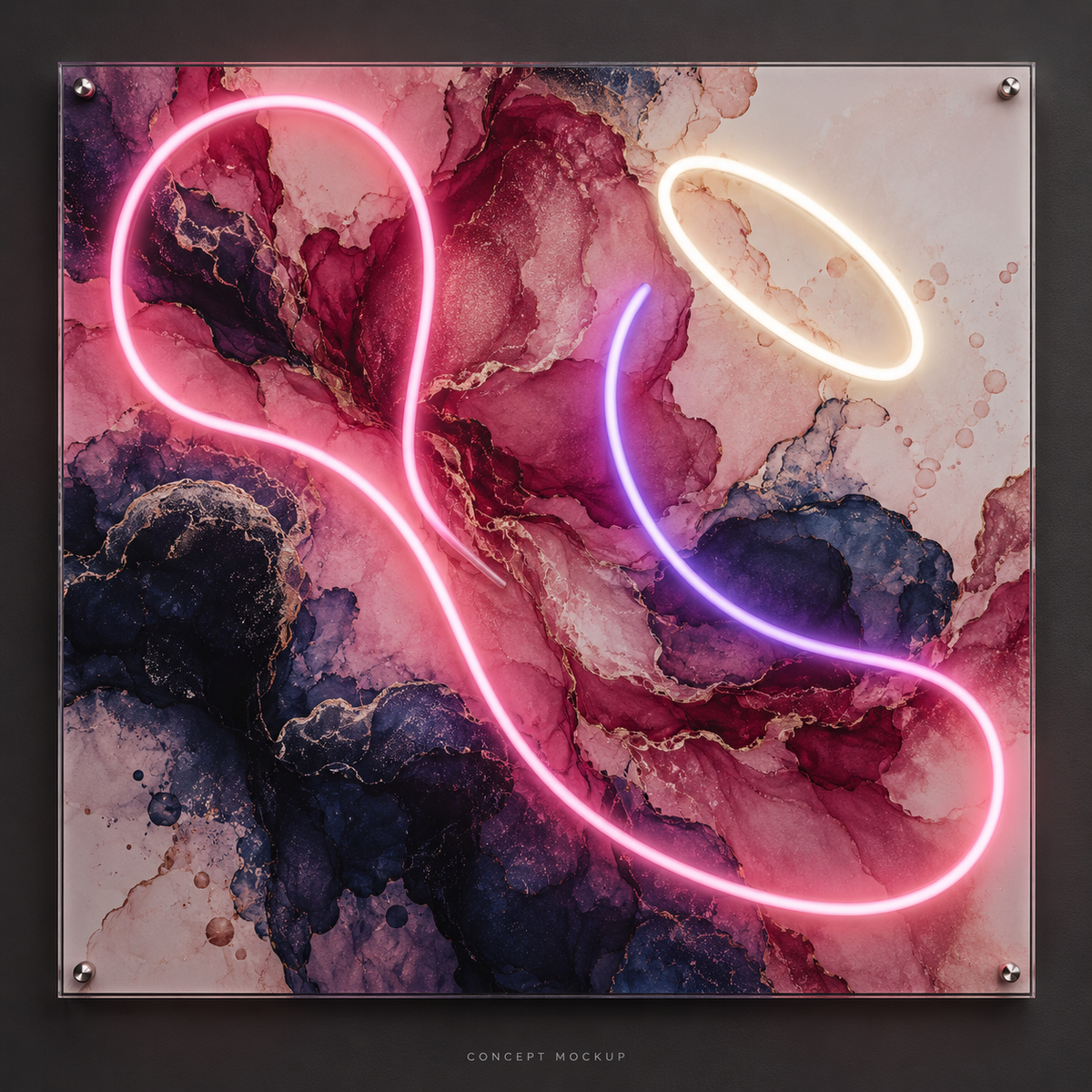 Rose Quartz Drift UV-printed LED neon concept with Pink / Purple / Warm White accents
