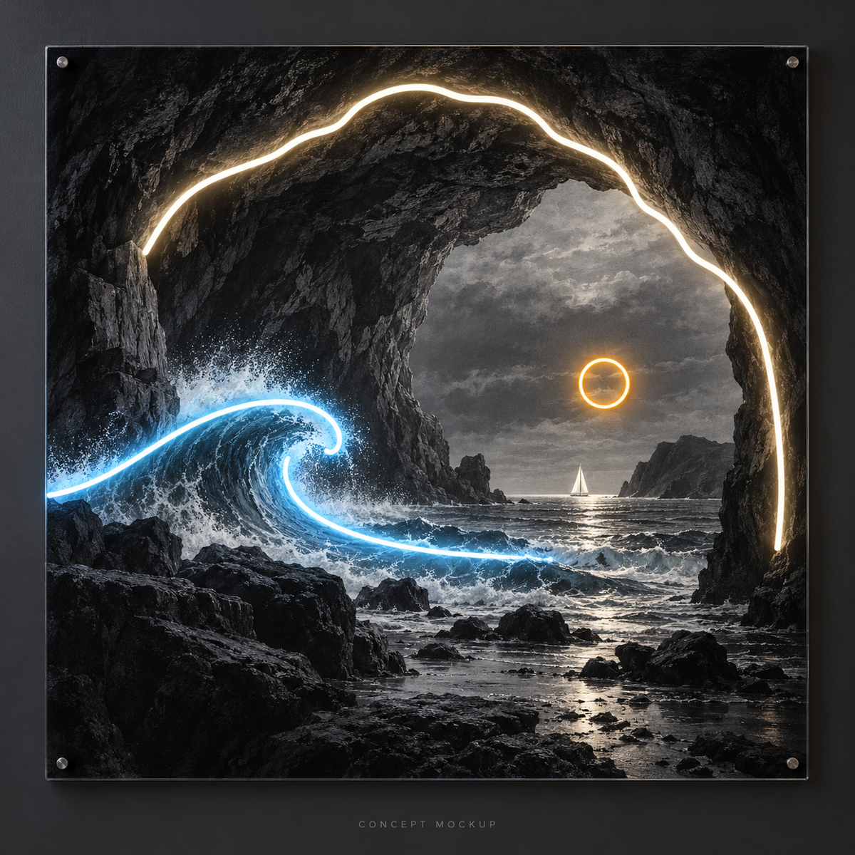 The Silver Undertow UV-printed LED neon concept with Ice Blue / Warm White / Amber accents