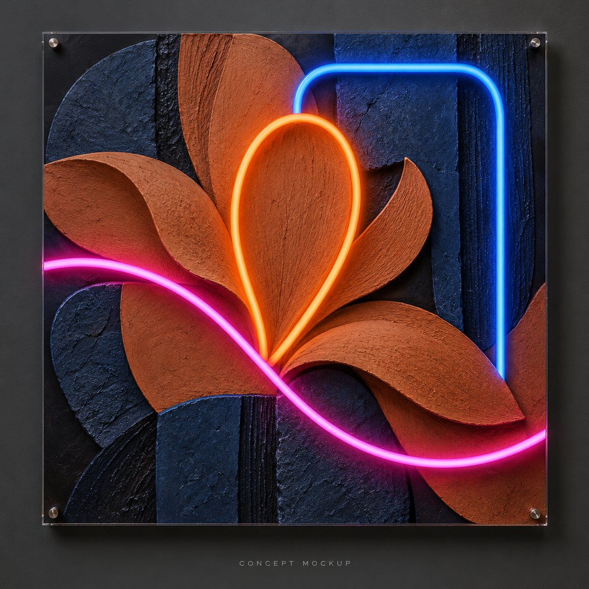 Basalt Bloom UV-printed LED neon concept with Orange / Blue / Pink accents