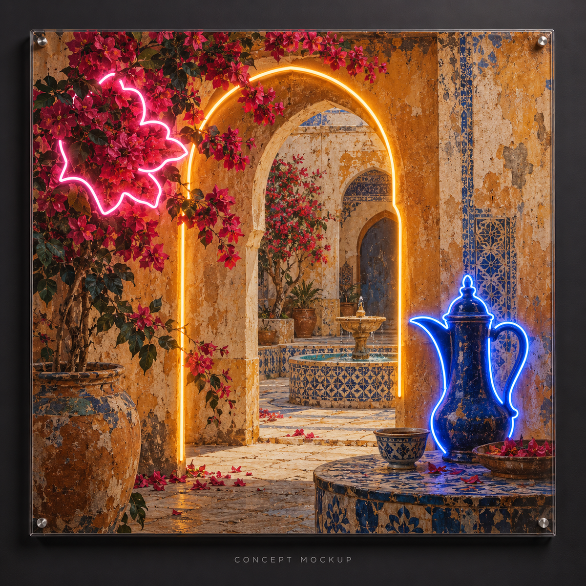 Saffron Courtyard UV-printed LED neon concept with Amber / Blue / Pink accents