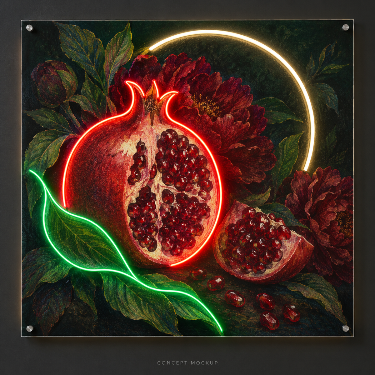 Pomegranate Nocturne UV-printed LED neon concept with Red / Green / Warm White accents