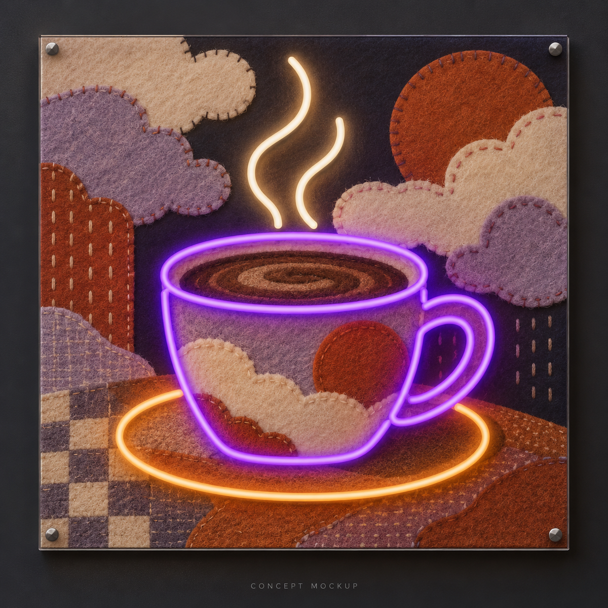 Cloud Quilt Espresso UV-printed LED neon concept with Purple / Amber / Warm White accents