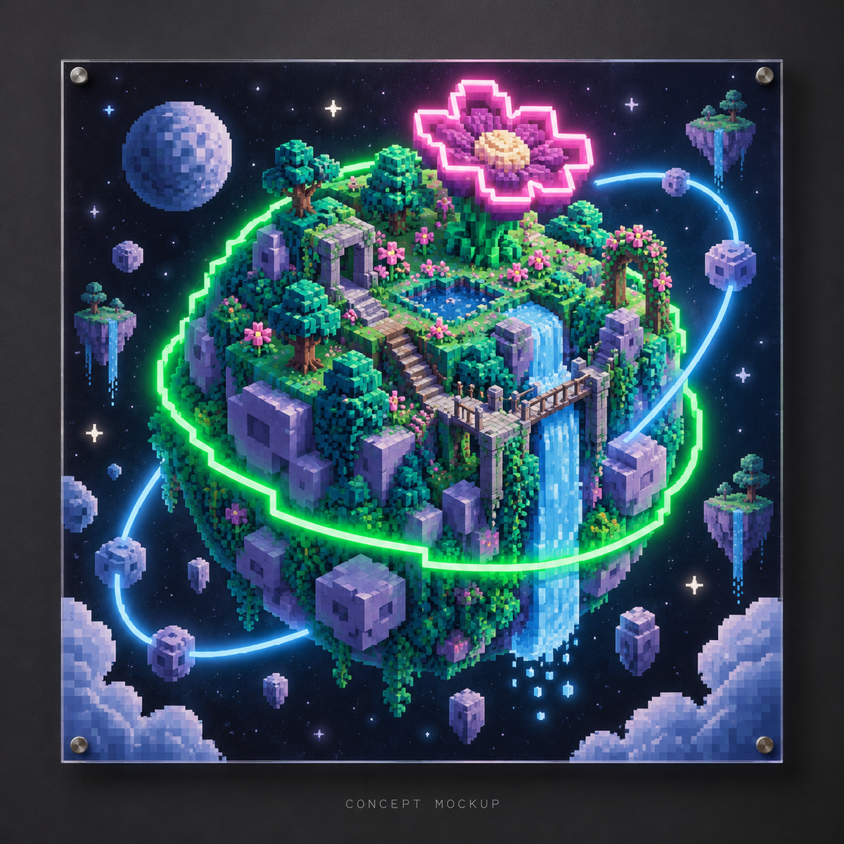 Pixel Planet Garden UV-printed LED neon concept with Green / Pink / Ice Blue accents
