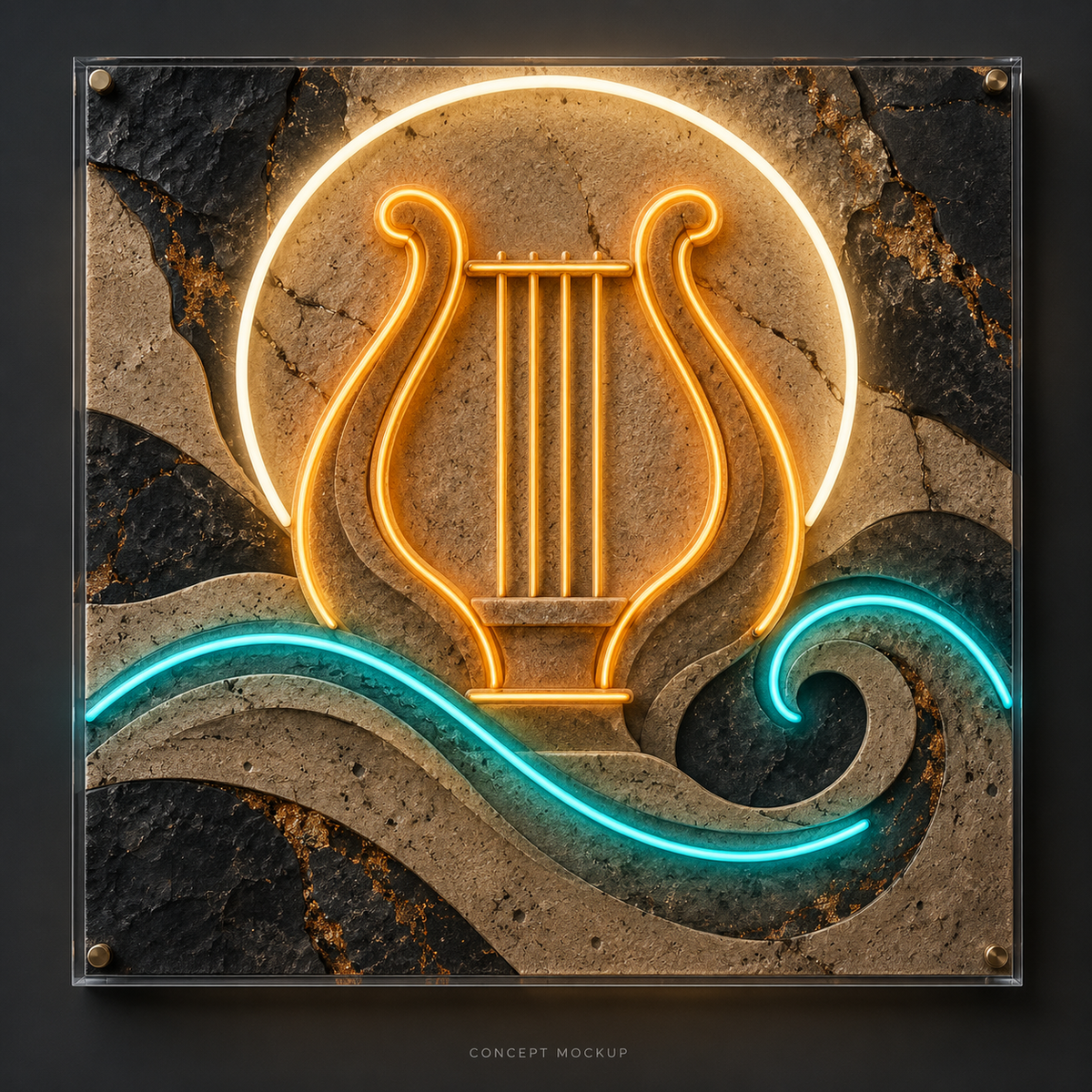 The Sandstone Lyre UV-printed LED neon concept with Amber / Teal / Warm White accents