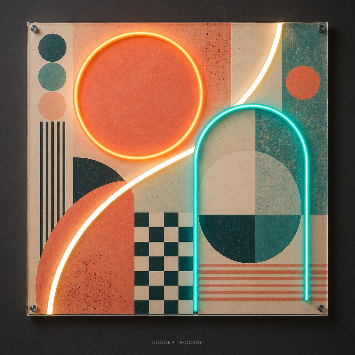 The Peach Geometer UV-printed LED neon concept with Orange / Teal / Warm White accents
