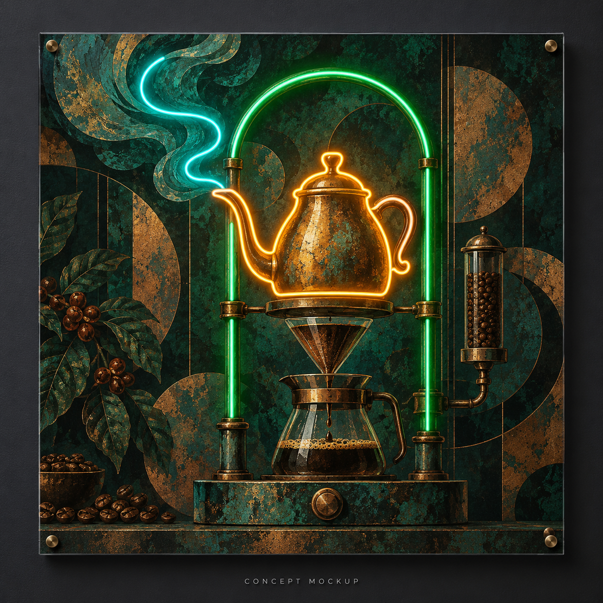 Coffee Alchemy UV-printed LED neon concept with Amber / Green / Teal accents