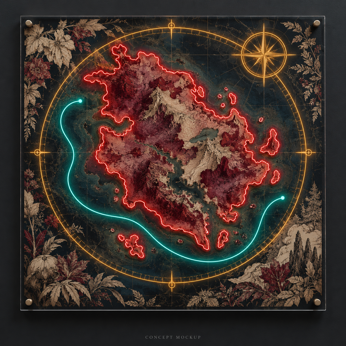 The Garnet Atlas UV-printed LED neon concept with Red / Amber / Teal accents
