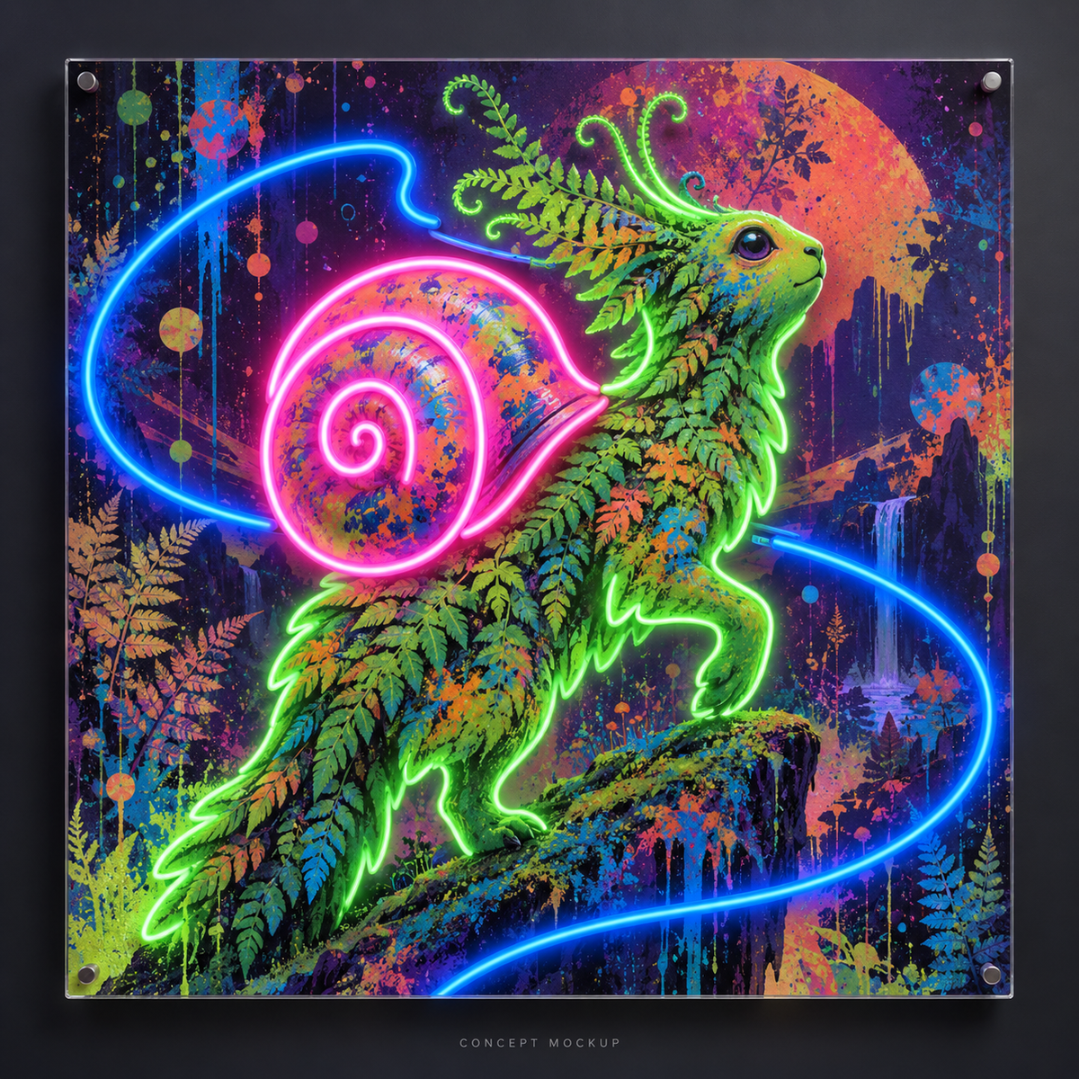 Festival Fern Wanderer UV-printed LED neon concept with Pink / Green / Blue accents