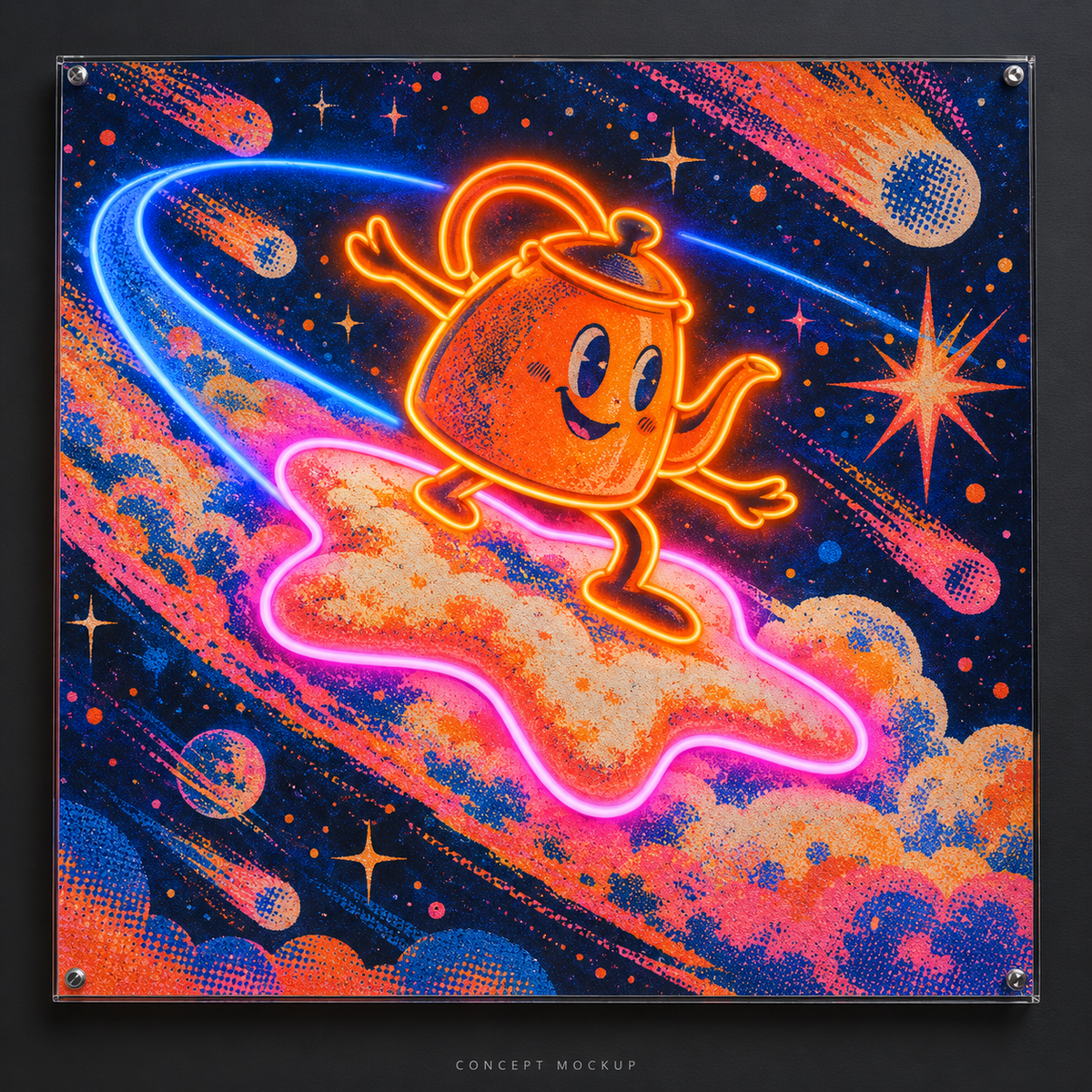 Comet Kitchen Sprite UV-printed LED neon concept with Orange / Pink / Blue accents