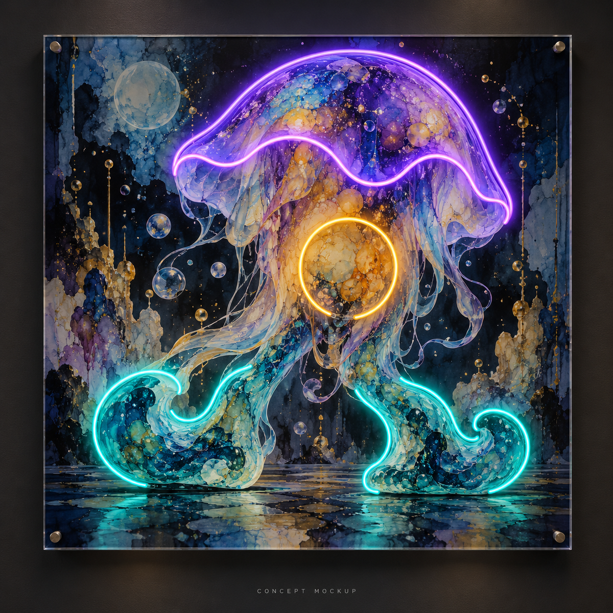 The Resonant Jelly Walker UV-printed LED neon concept with Purple / Teal / Amber accents