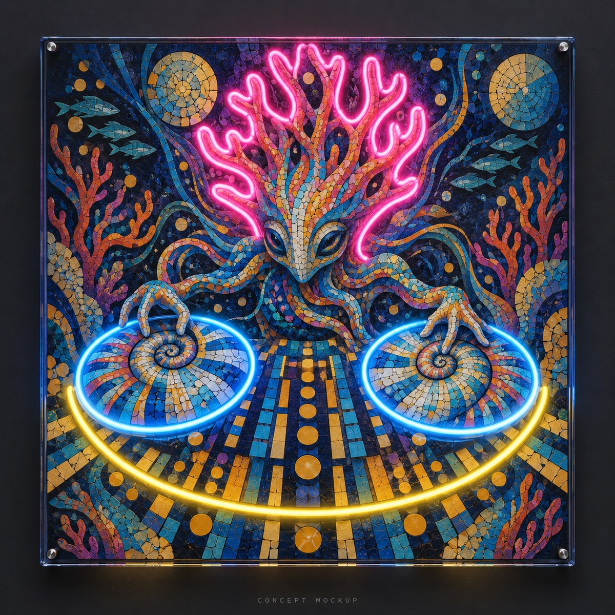 Dream Reef DJ UV-printed LED neon concept with Ice Blue / Pink / Yellow accents