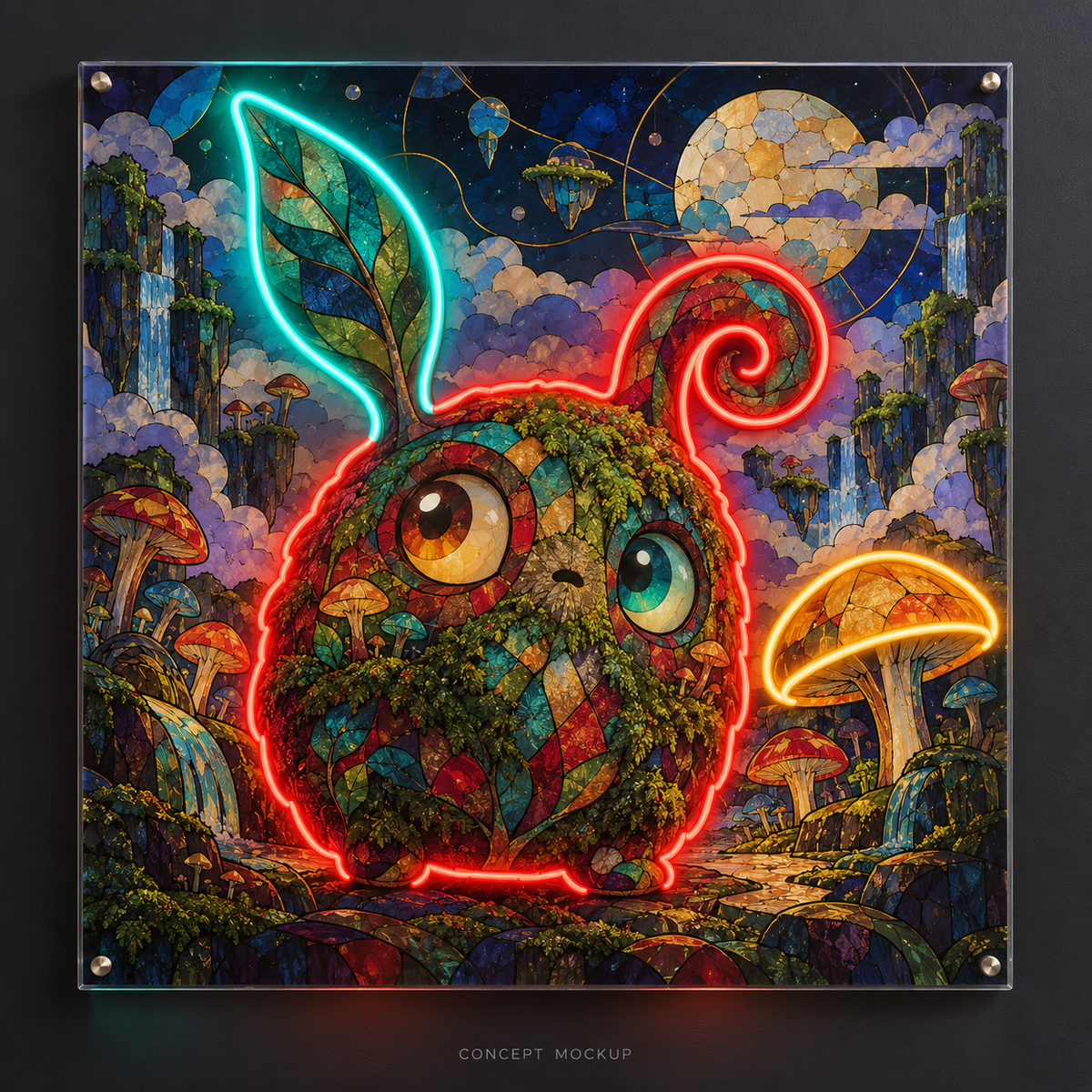 Rainbow Moss Companion UV-printed LED neon concept with Red / Teal / Amber accents