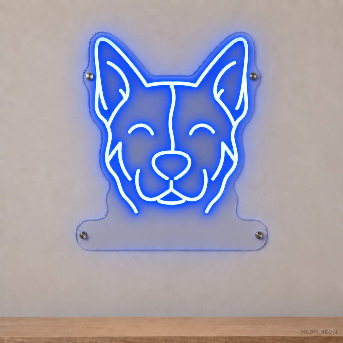 MEON NEON-watermarked concept mockup of a Blue Australian Cattle Dog head LED neon sign with a blank acrylic area for a UV-printed breed caption or dog name.