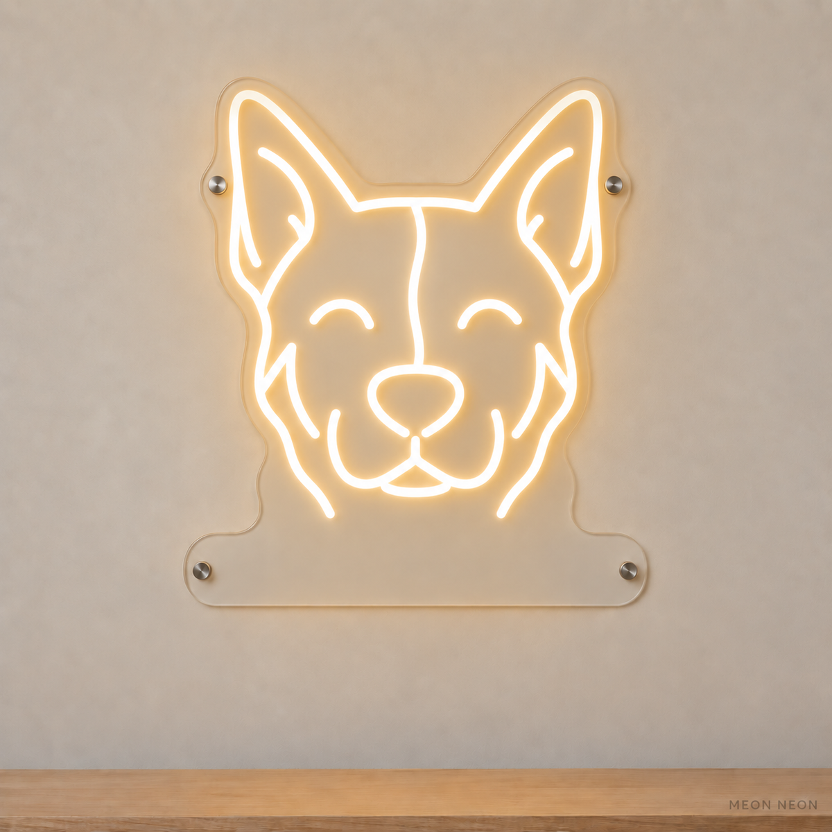 MEON NEON-watermarked concept mockup of a Warm White Australian Cattle Dog head LED neon sign with a blank acrylic area for a UV-printed breed caption or dog name.