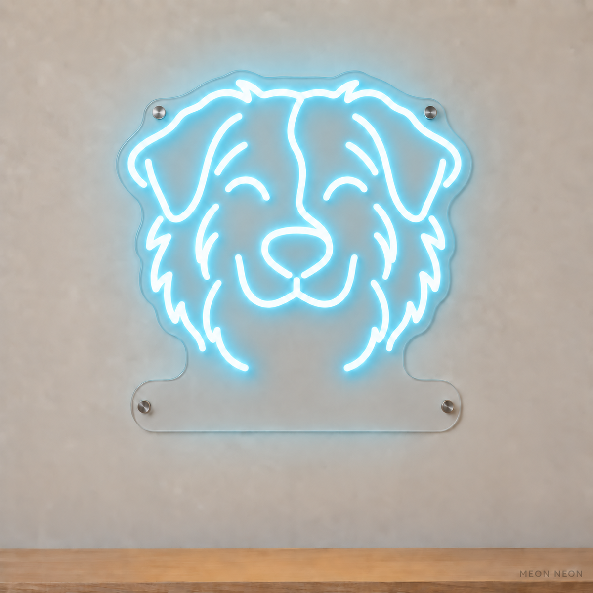 MEON NEON-watermarked concept mockup of a Ice Blue Australian Shepherd head LED neon sign with a blank acrylic area for a UV-printed breed caption or dog name.