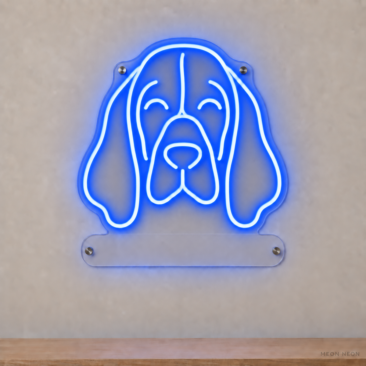 MEON NEON-watermarked concept mockup of a Blue Basset Hound head LED neon sign with a blank acrylic area for a UV-printed breed caption or dog name.