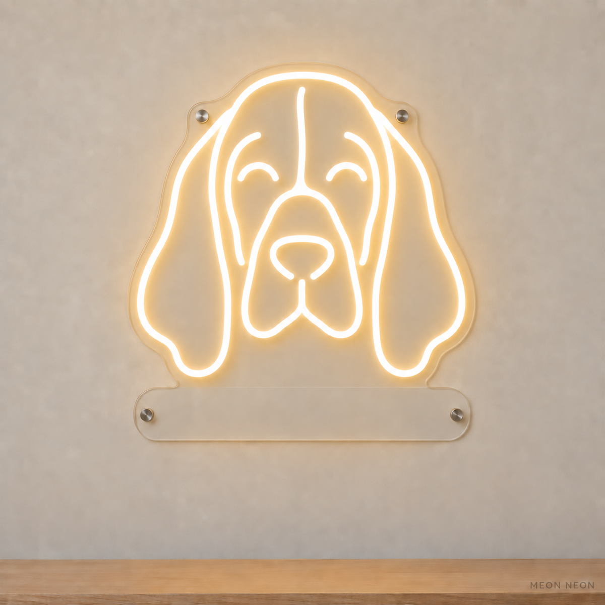 MEON NEON-watermarked concept mockup of a Warm White Basset Hound head LED neon sign with a blank acrylic area for a UV-printed breed caption or dog name.