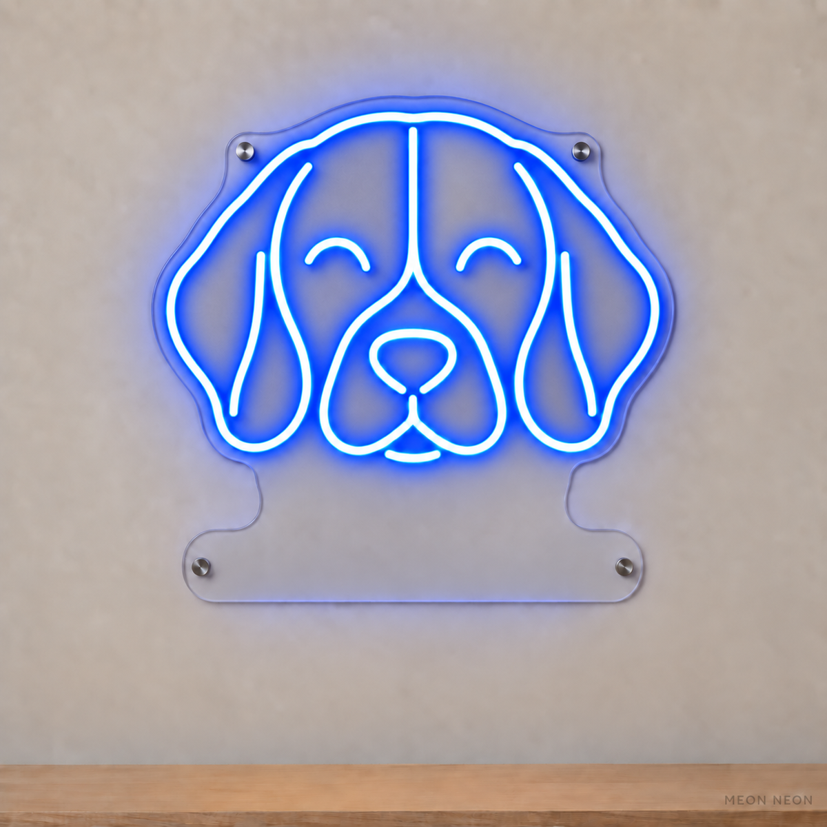 MEON NEON-watermarked concept mockup of a Blue Beagle head LED neon sign with a blank acrylic area for a UV-printed breed caption or dog name.