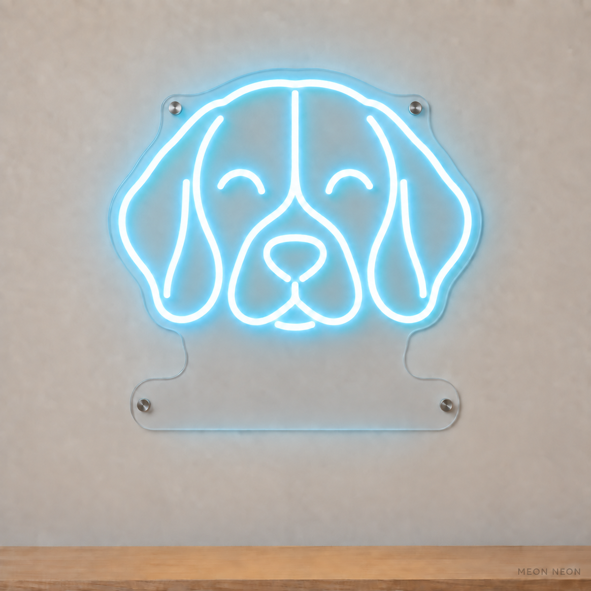 MEON NEON-watermarked concept mockup of a Ice Blue Beagle head LED neon sign with a blank acrylic area for a UV-printed breed caption or dog name.