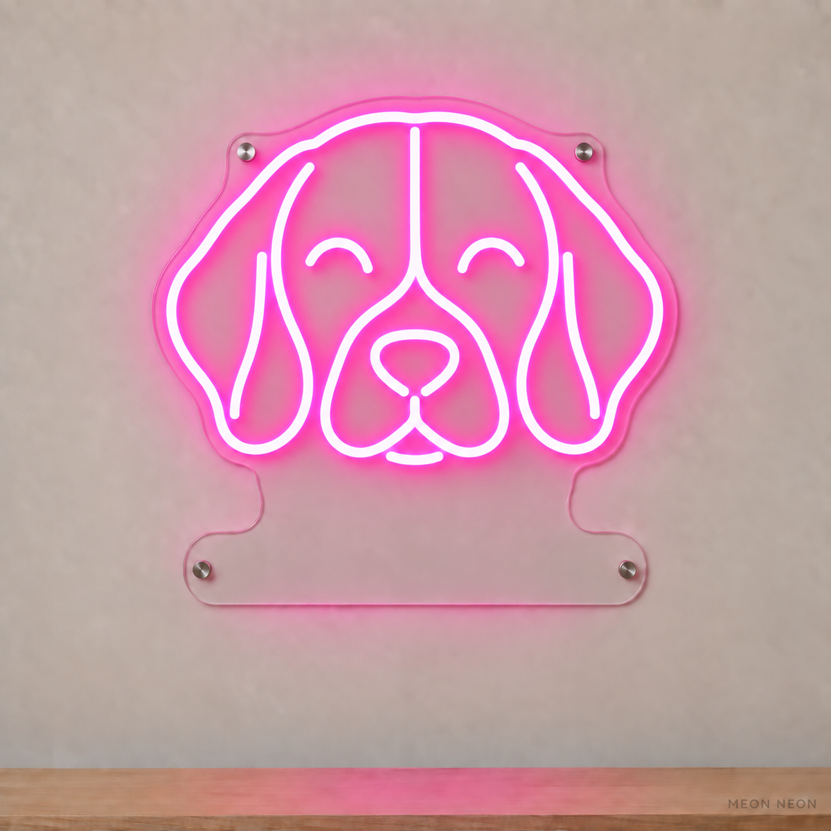 MEON NEON-watermarked concept mockup of a Pink Beagle head LED neon sign with a blank acrylic area for a UV-printed breed caption or dog name.
