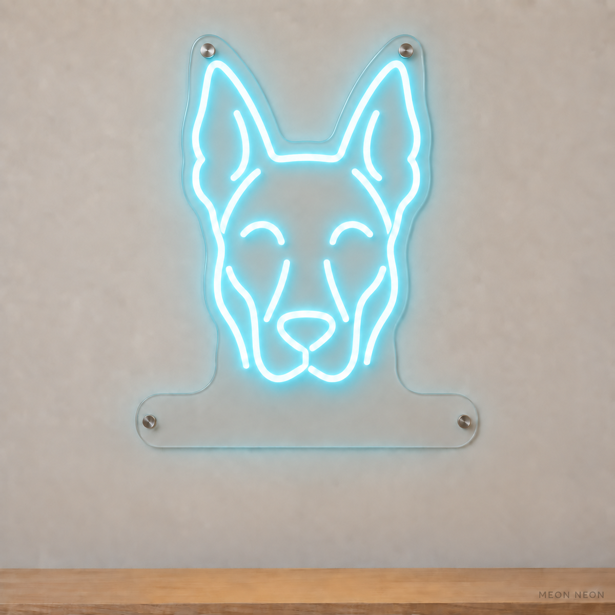 MEON NEON-watermarked concept mockup of a Ice Blue Belgian Malinois head LED neon sign with a blank acrylic area for a UV-printed breed caption or dog name.