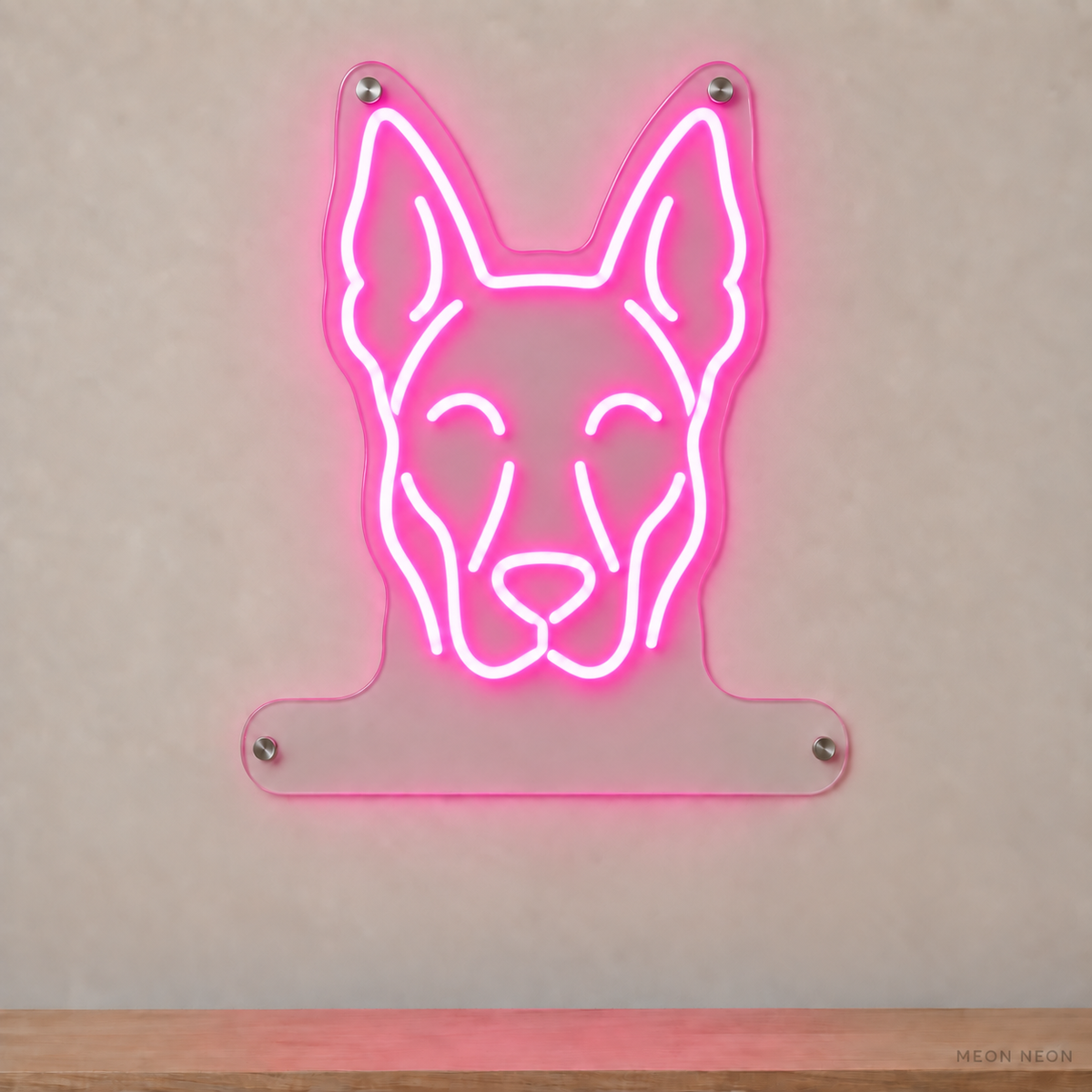 MEON NEON-watermarked concept mockup of a Pink Belgian Malinois head LED neon sign with a blank acrylic area for a UV-printed breed caption or dog name.