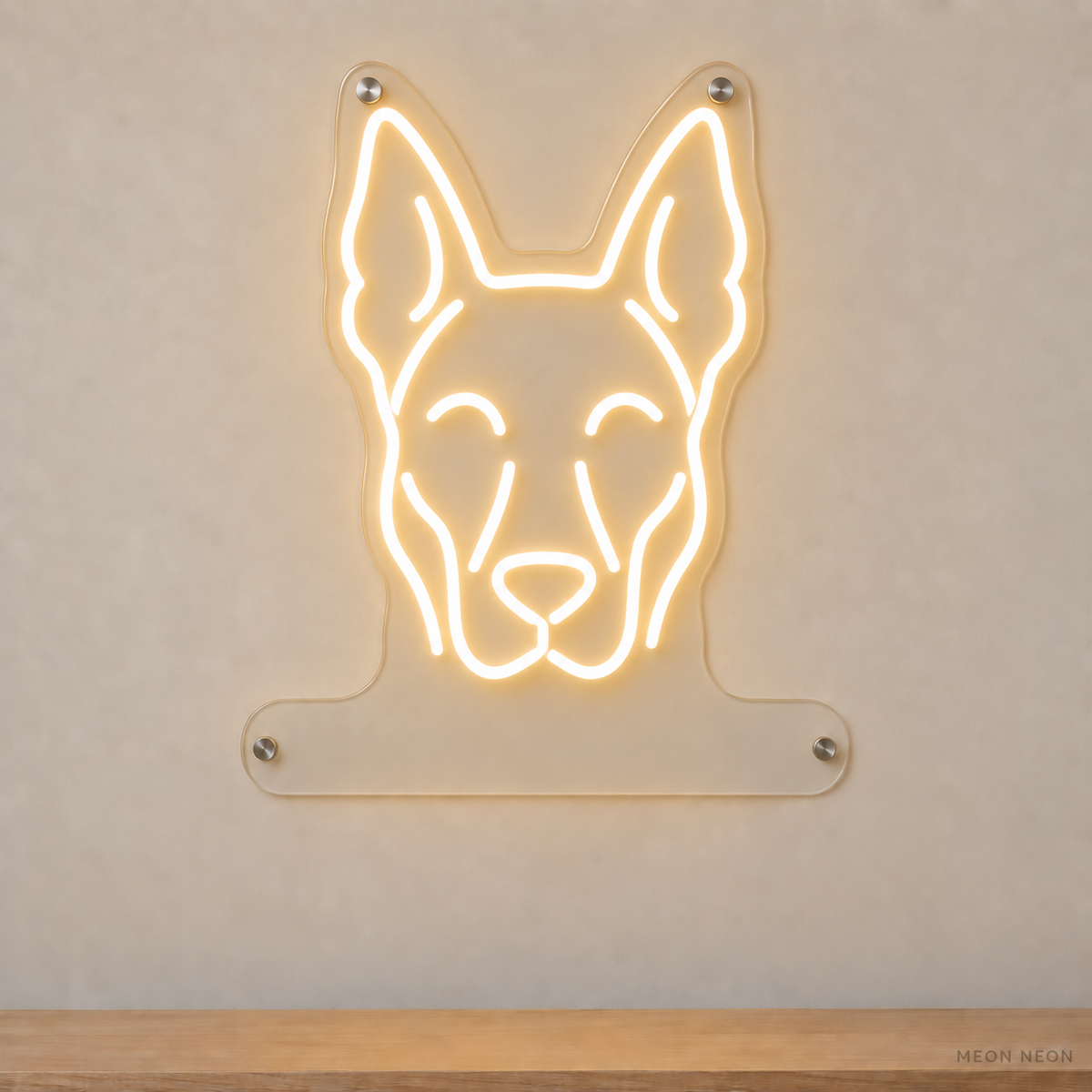 MEON NEON-watermarked concept mockup of a Warm White Belgian Malinois head LED neon sign with a blank acrylic area for a UV-printed breed caption or dog name.