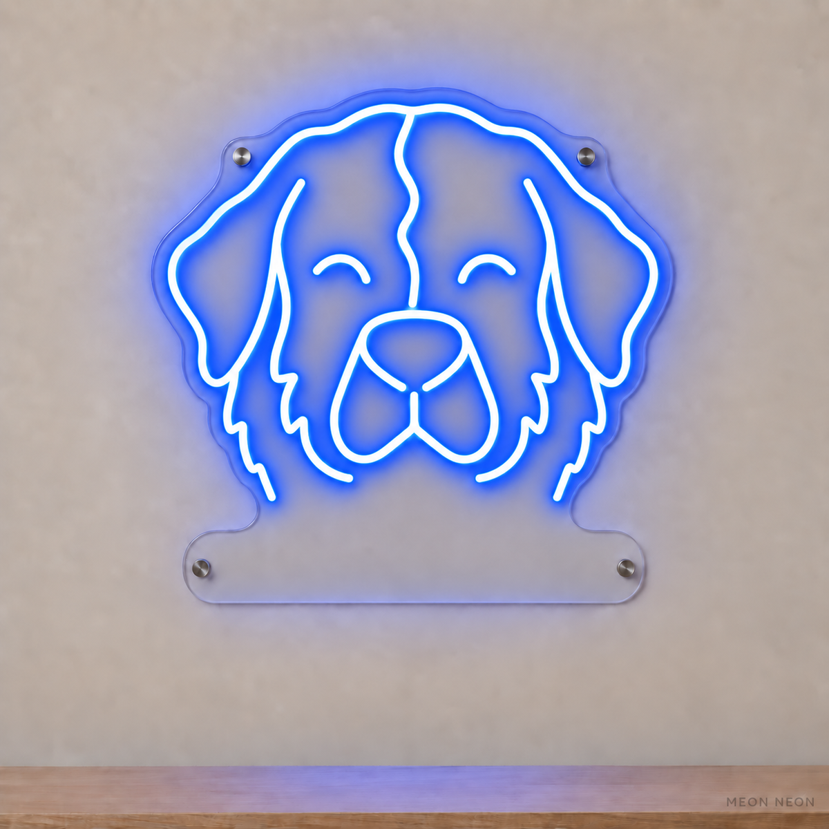 MEON NEON-watermarked concept mockup of a Blue Bernese Mountain Dog head LED neon sign with a blank acrylic area for a UV-printed breed caption or dog name.