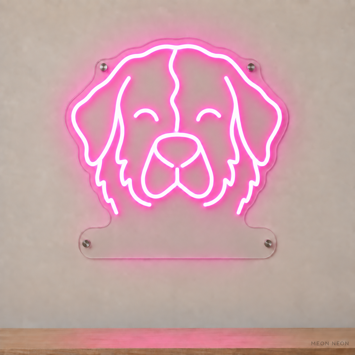 MEON NEON-watermarked concept mockup of a Pink Bernese Mountain Dog head LED neon sign with a blank acrylic area for a UV-printed breed caption or dog name.