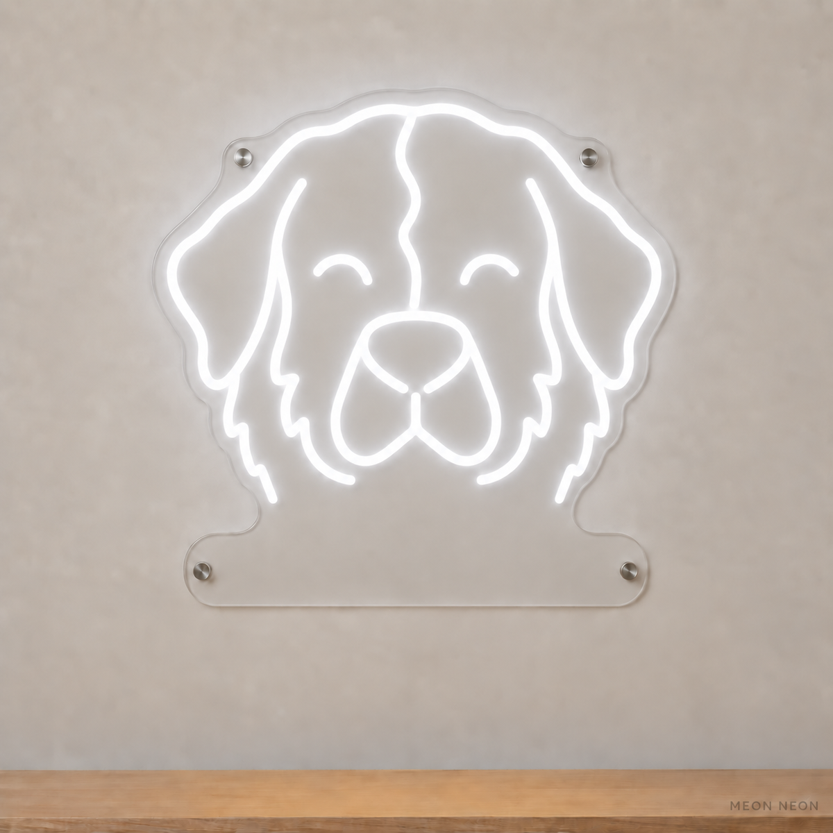 MEON NEON-watermarked concept mockup of a White Bernese Mountain Dog head LED neon sign with a blank acrylic area for a UV-printed breed caption or dog name.