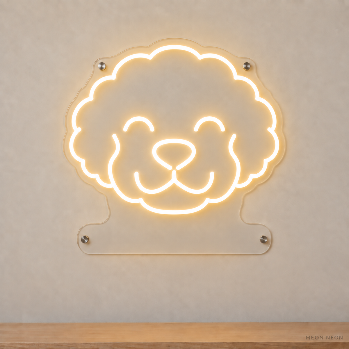 MEON NEON-watermarked concept mockup of a Warm White Bichon Frise head LED neon sign with a blank acrylic area for a UV-printed breed caption or dog name.