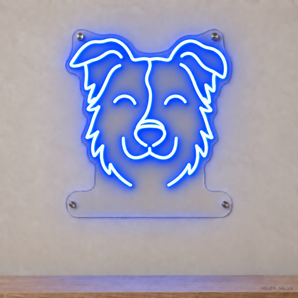 MEON NEON-watermarked concept mockup of a Blue Border Collie head LED neon sign with a blank acrylic area for a UV-printed breed caption or dog name.