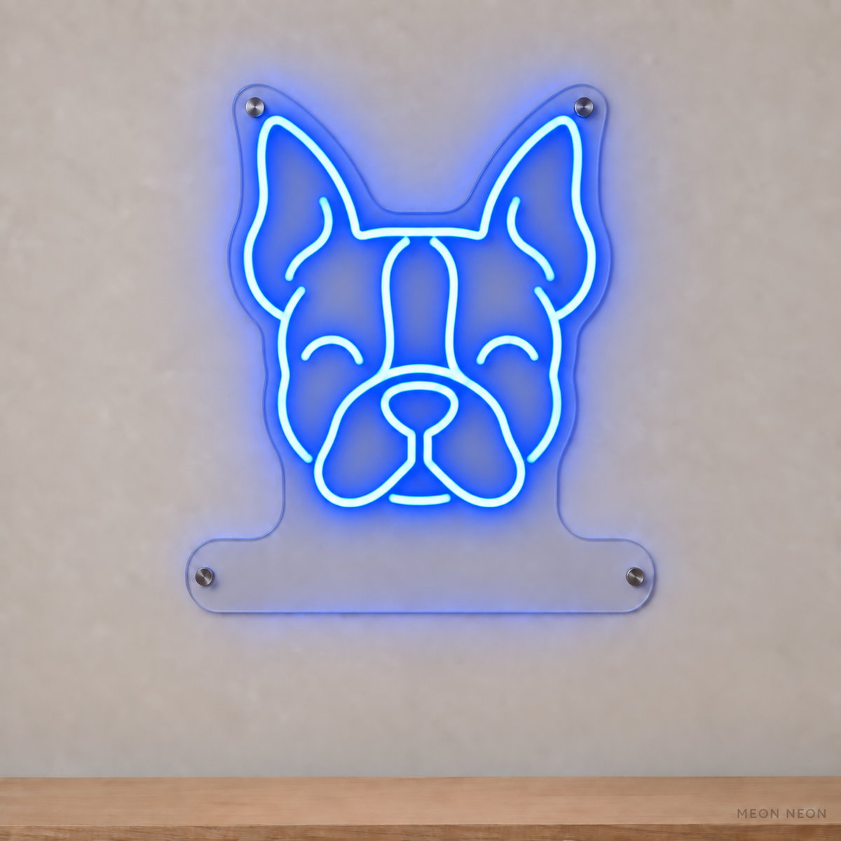 MEON NEON-watermarked concept mockup of a Blue Boston Terrier head LED neon sign with a blank acrylic area for a UV-printed breed caption or dog name.