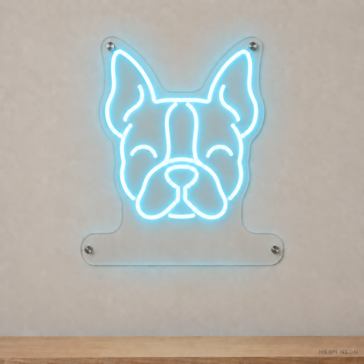 MEON NEON-watermarked concept mockup of a Ice Blue Boston Terrier head LED neon sign with a blank acrylic area for a UV-printed breed caption or dog name.