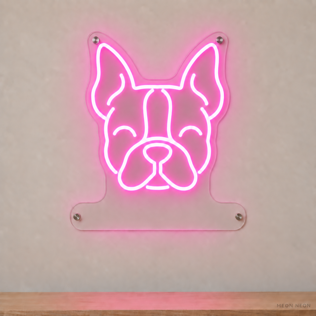 MEON NEON-watermarked concept mockup of a Pink Boston Terrier head LED neon sign with a blank acrylic area for a UV-printed breed caption or dog name.