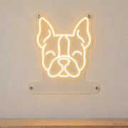 MEON NEON-watermarked concept mockup of a Warm White Boston Terrier head LED neon sign with a blank acrylic area for a UV-printed breed caption or dog name.