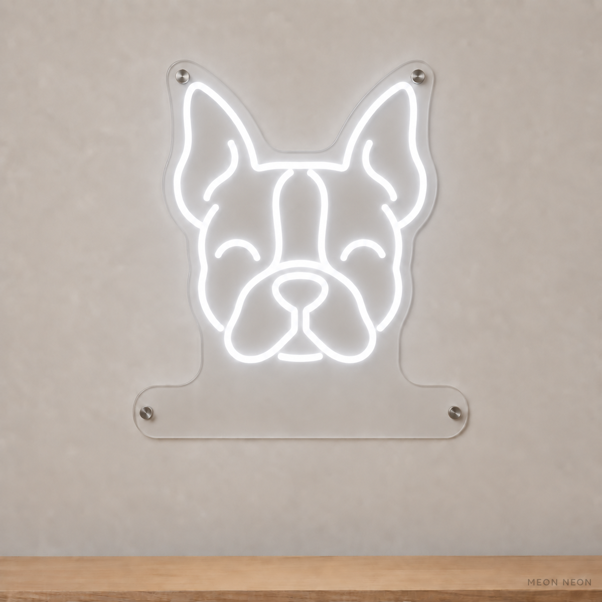 MEON NEON-watermarked concept mockup of a White Boston Terrier head LED neon sign with a blank acrylic area for a UV-printed breed caption or dog name.